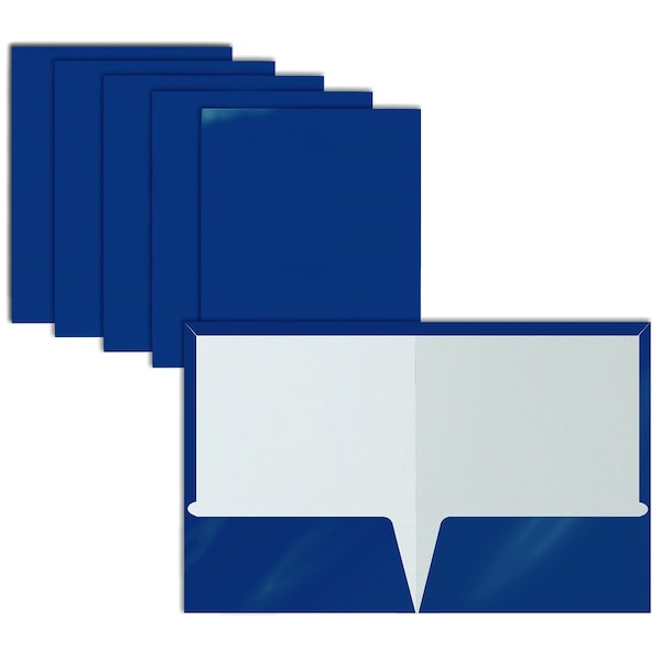 2 Pocket Glossy Laminated Paper Folders Portfolio Letter Size, Blue, 25PK